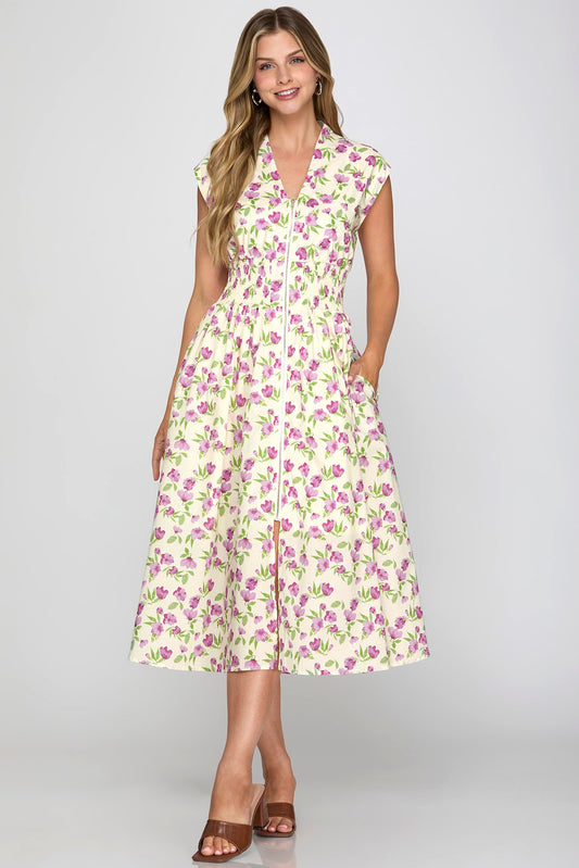The Lilac Garden Zip- Front Midi Dress