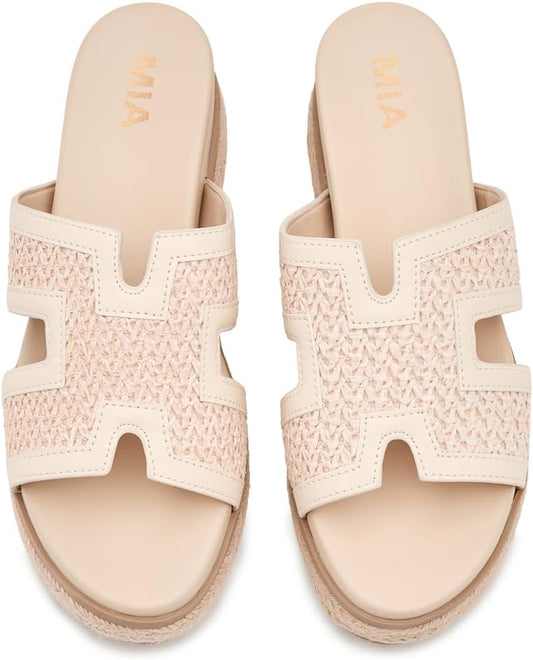 MIA Caleena crochet platform mule, top view with H detail
