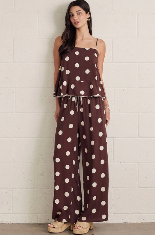 The Coco Polka Dot Cami in chocolate brown with cream polka dots